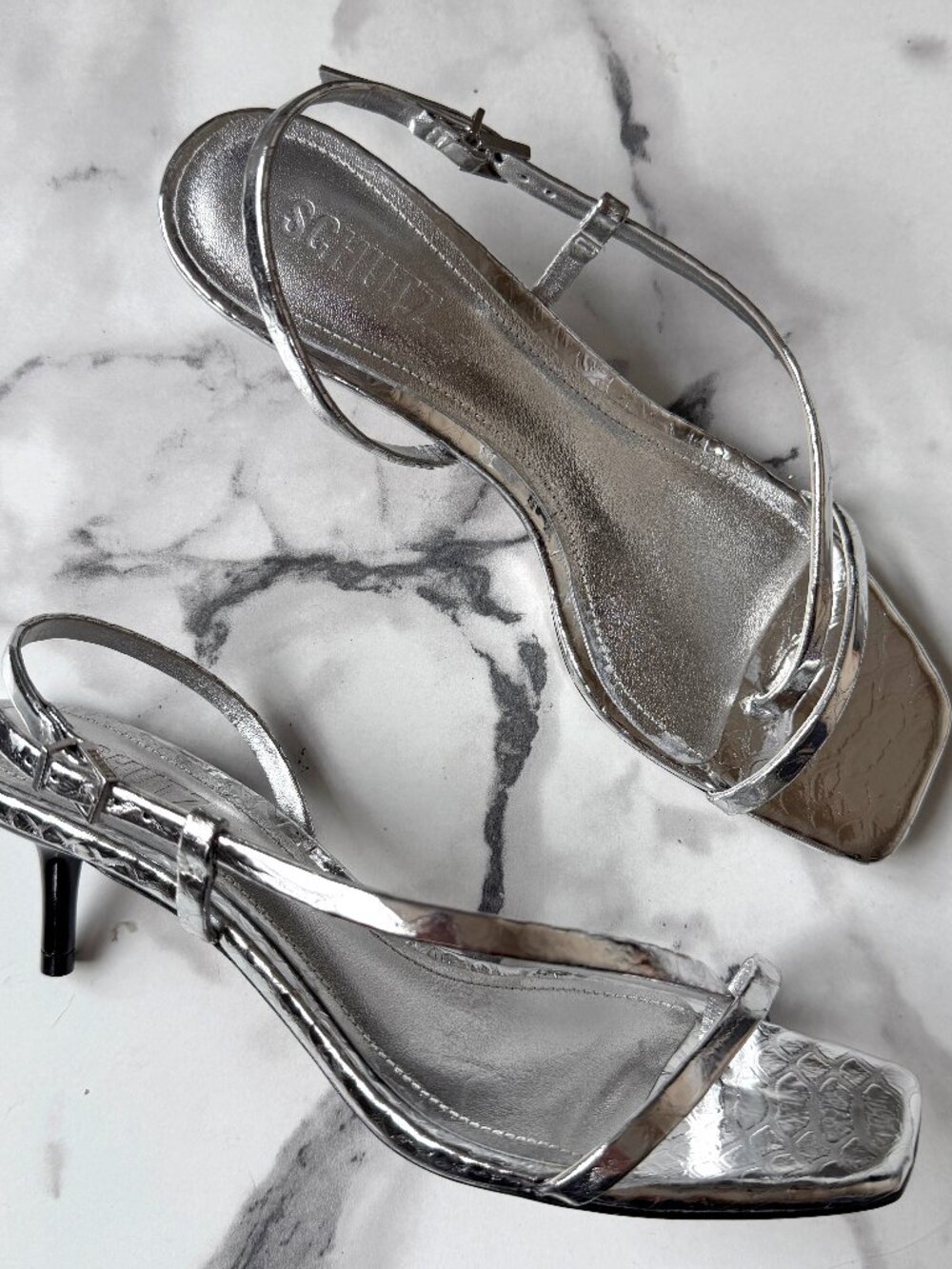 NEW Schutz Heloise Metallic Silver Leather Slingback Sandals Size 8